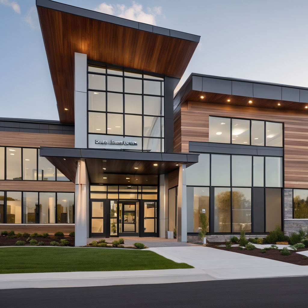 Modern dental office exterior and entrance with professional contemporary architecture
