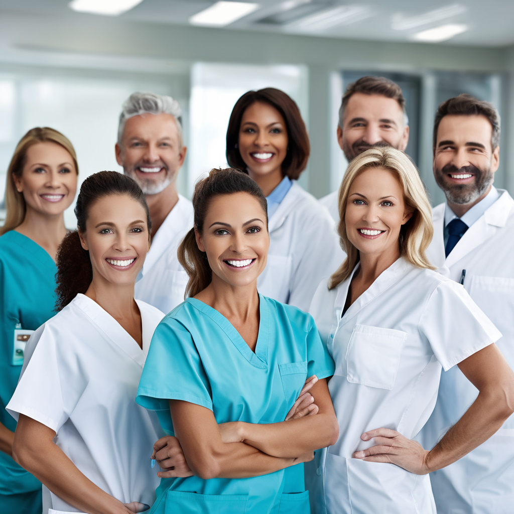 Friendly dental team group portrait in modern dental office with warm expressions